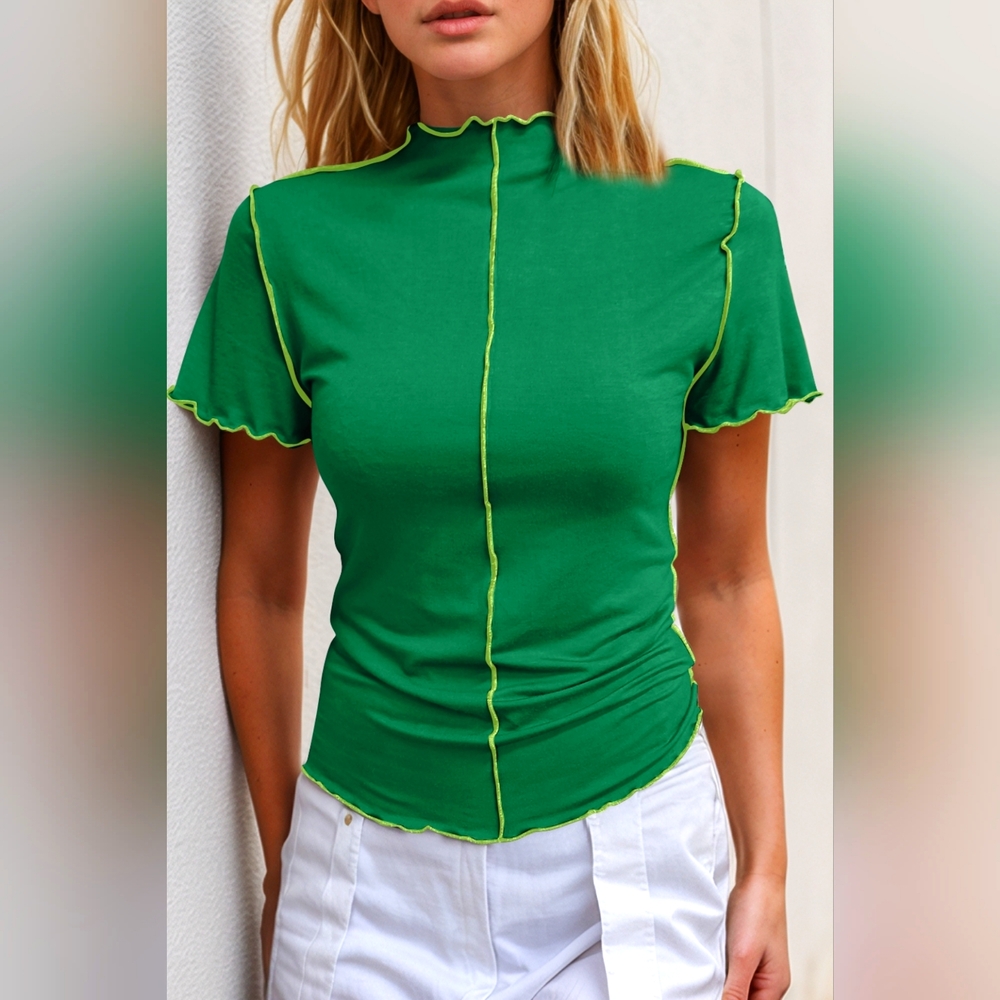 Basic Bae Contrast Trim Mock Neck Short Sleeve T-Shirt